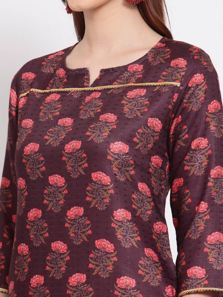 Myshka Women's Wine Printed Pashmeena 3/4 Sleeve Round Neck Casual Winter Kurta | Grab2Buy