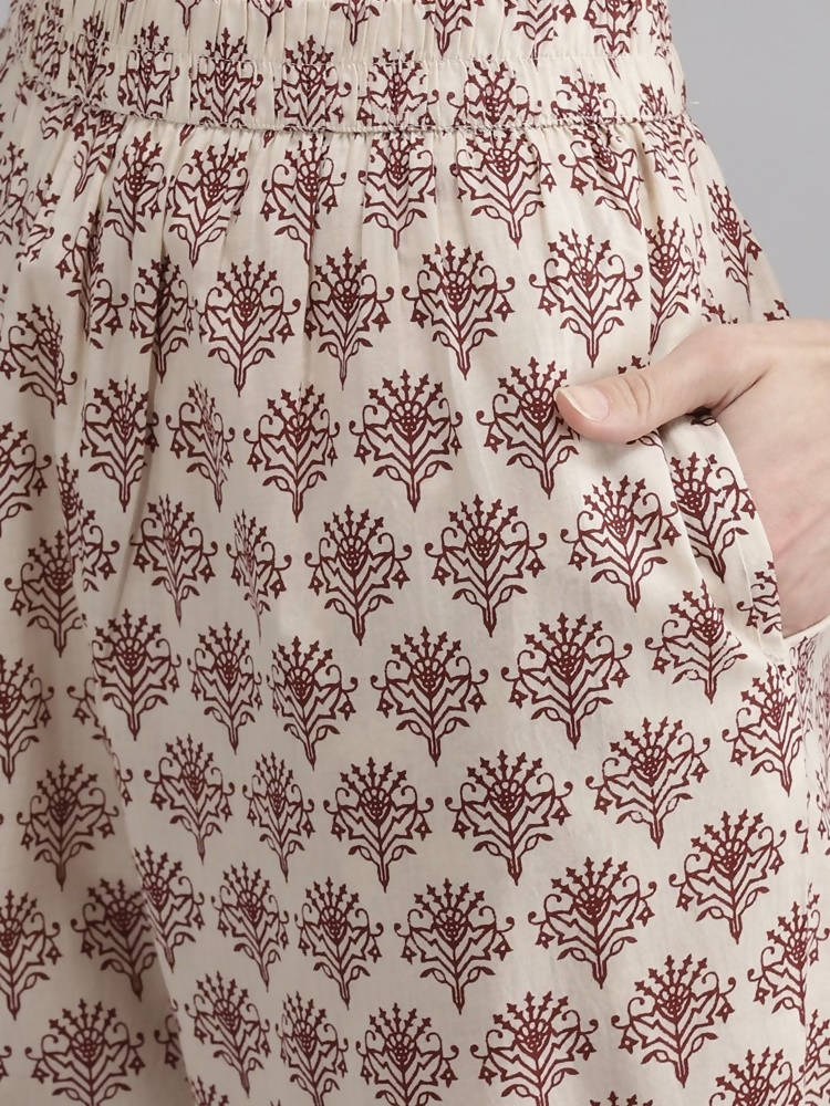 Yufta Women Maroon Floral Printed Regular Thread Work Pure Cotton Kurta with Palazzo & With Dupatta | Grab2Buy
