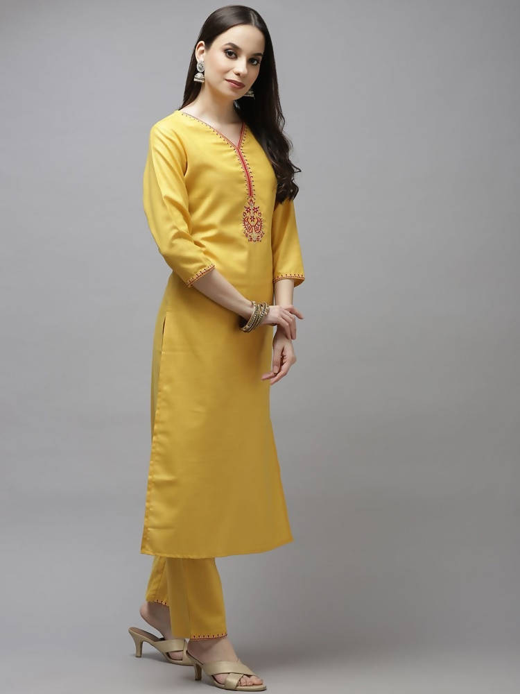 Yufta Women Mustard Yellow Layered Thread Work Kurta with Trouser and Dupatta | Grab2Buy