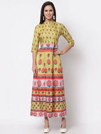 Myshka Women's Multi Cotton Printed 3/4 Sleeve Mandarin Neck Casual Dress | Grab2Buy