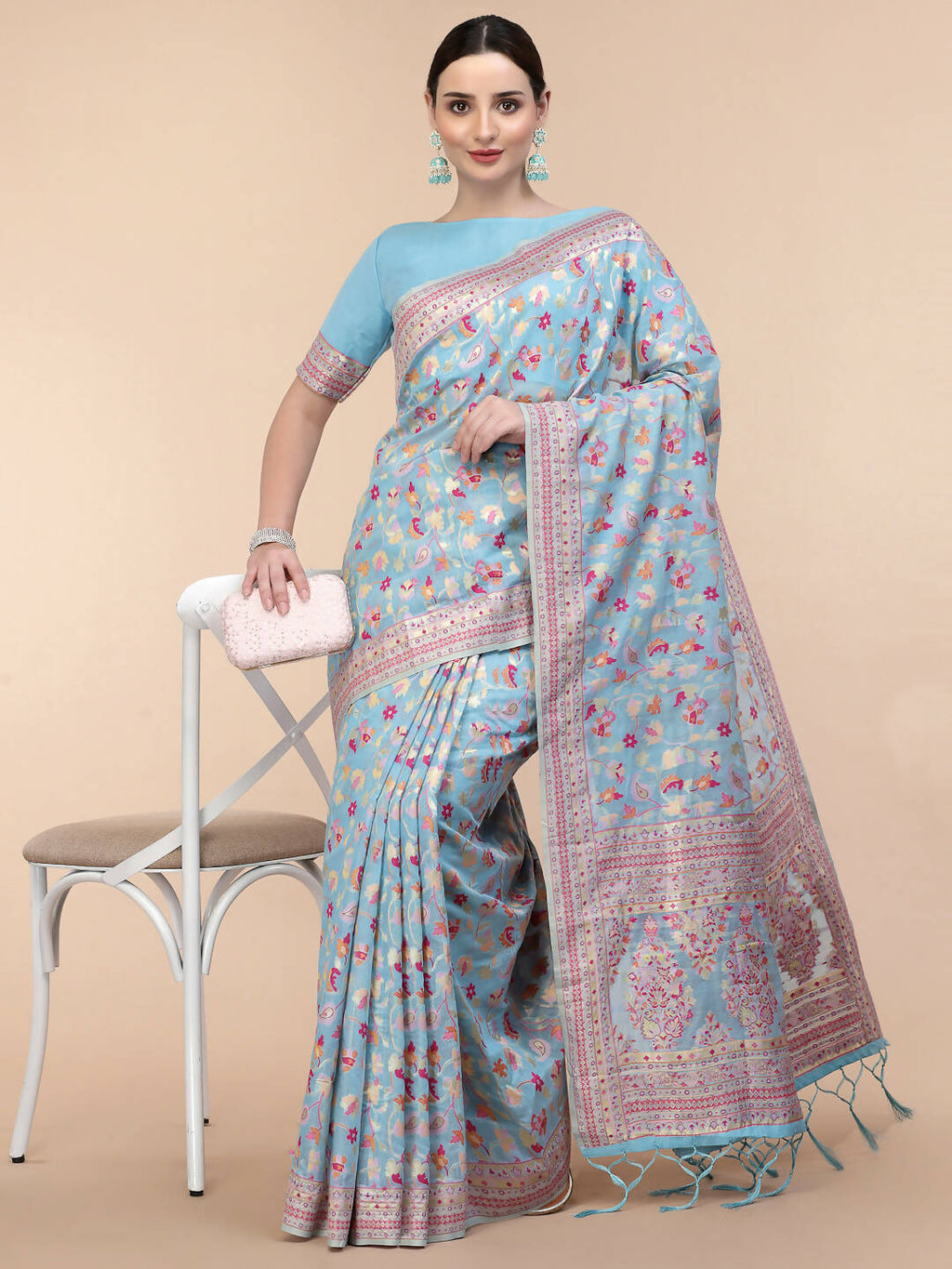 Blue Silk Blend Woven Design Saree With Unstitched Blouse Piece - Aloki | Grab2Buy