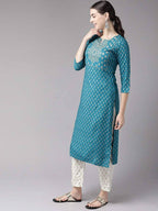 Yufta Women Teal Blue & Golden Printed Kurta with Trouser | Grab2Buy