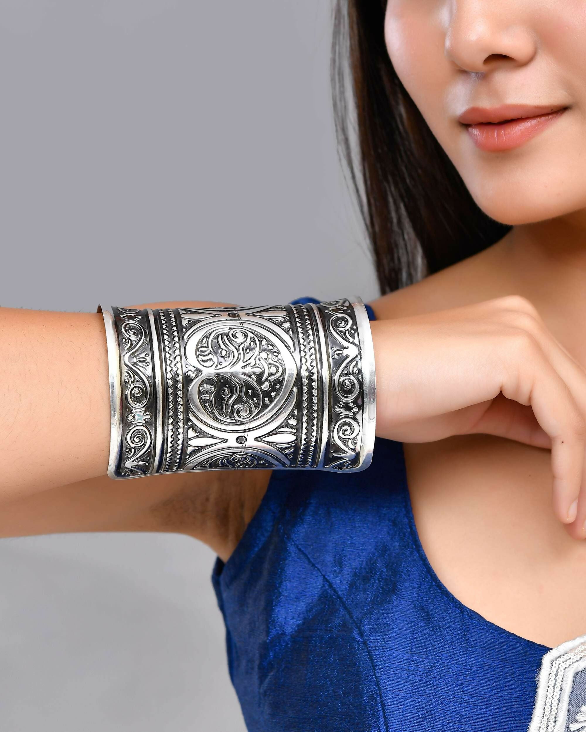 VOJ Silver Plated Oxidised Long Cuff Bracelet | Grab2Buy