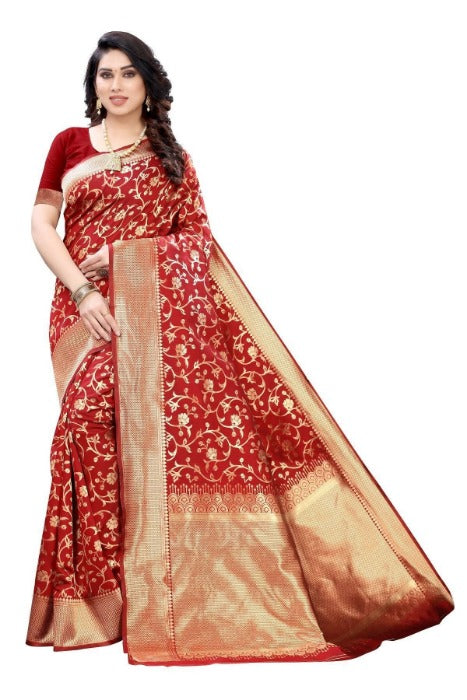 Vamika Banarasi Jacquard Weaving Red Saree (PARINITI RED) | Grab2Buy