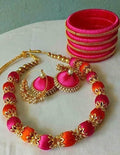 Pink with Orange Silk Threaded Necklace, Earrings And Bangles | Grab2Buy