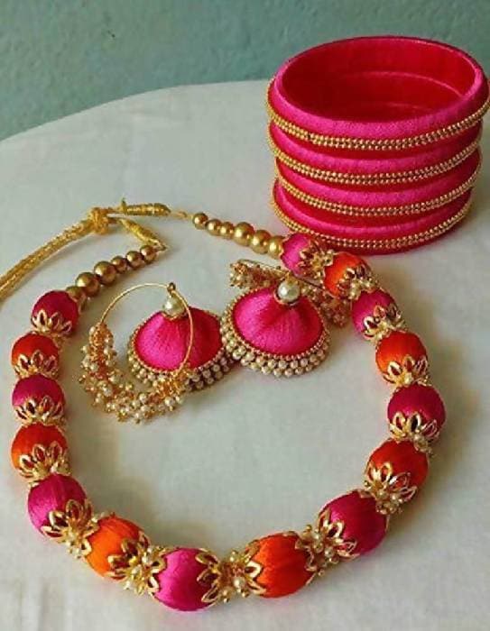 Pink with Orange Silk Threaded Necklace, Earrings And Bangles | Grab2Buy
