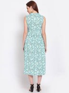 Myshka Women's Green Printed Rayon Sleeveless Collar Neck Casual Dress | Grab2Buy