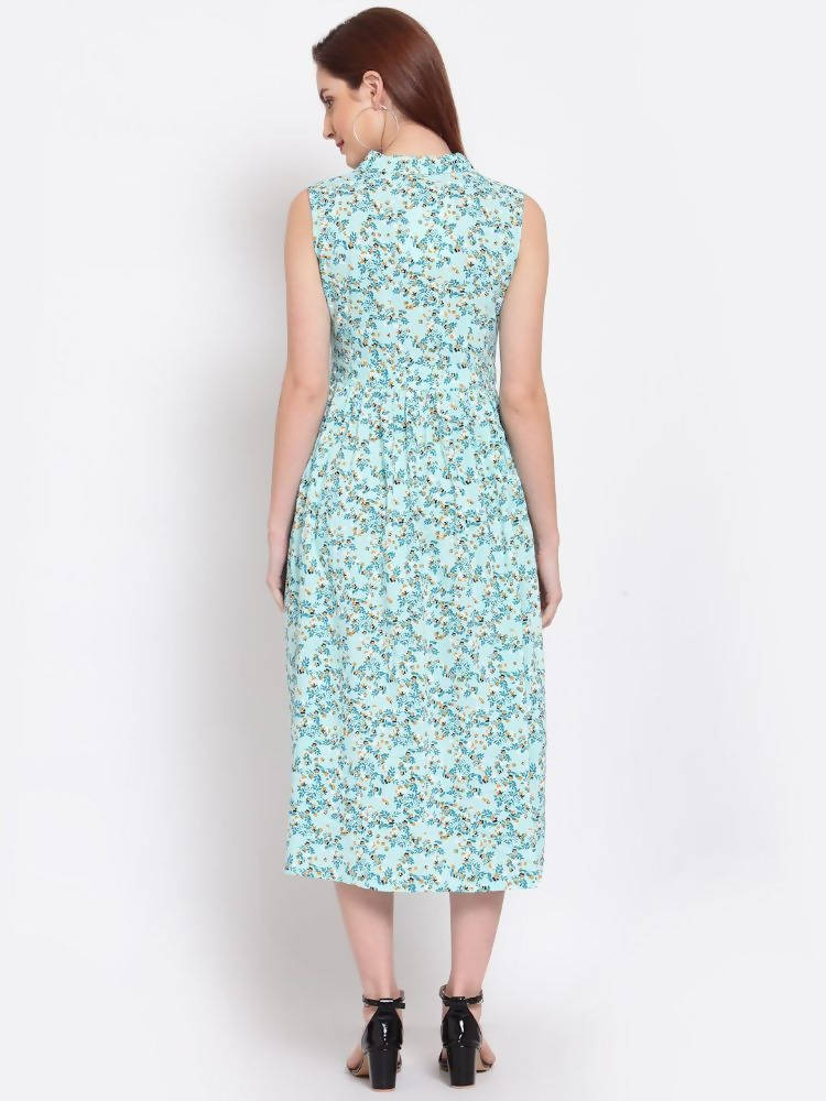 Myshka Women's Green Printed Rayon Sleeveless Collar Neck Casual Dress | Grab2Buy