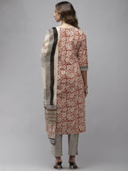Yufta Women Beige And Rust Printed Kurta with Trouser & With Dupatta | Grab2Buy