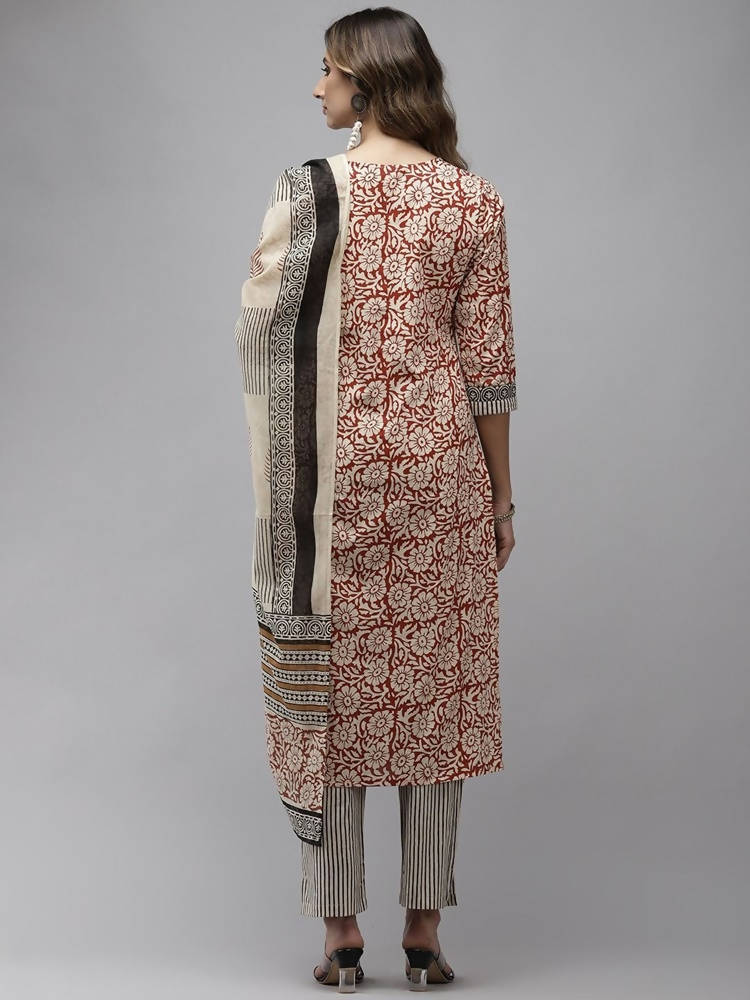 Yufta Women Beige And Rust Printed Kurta with Trouser & With Dupatta | Grab2Buy