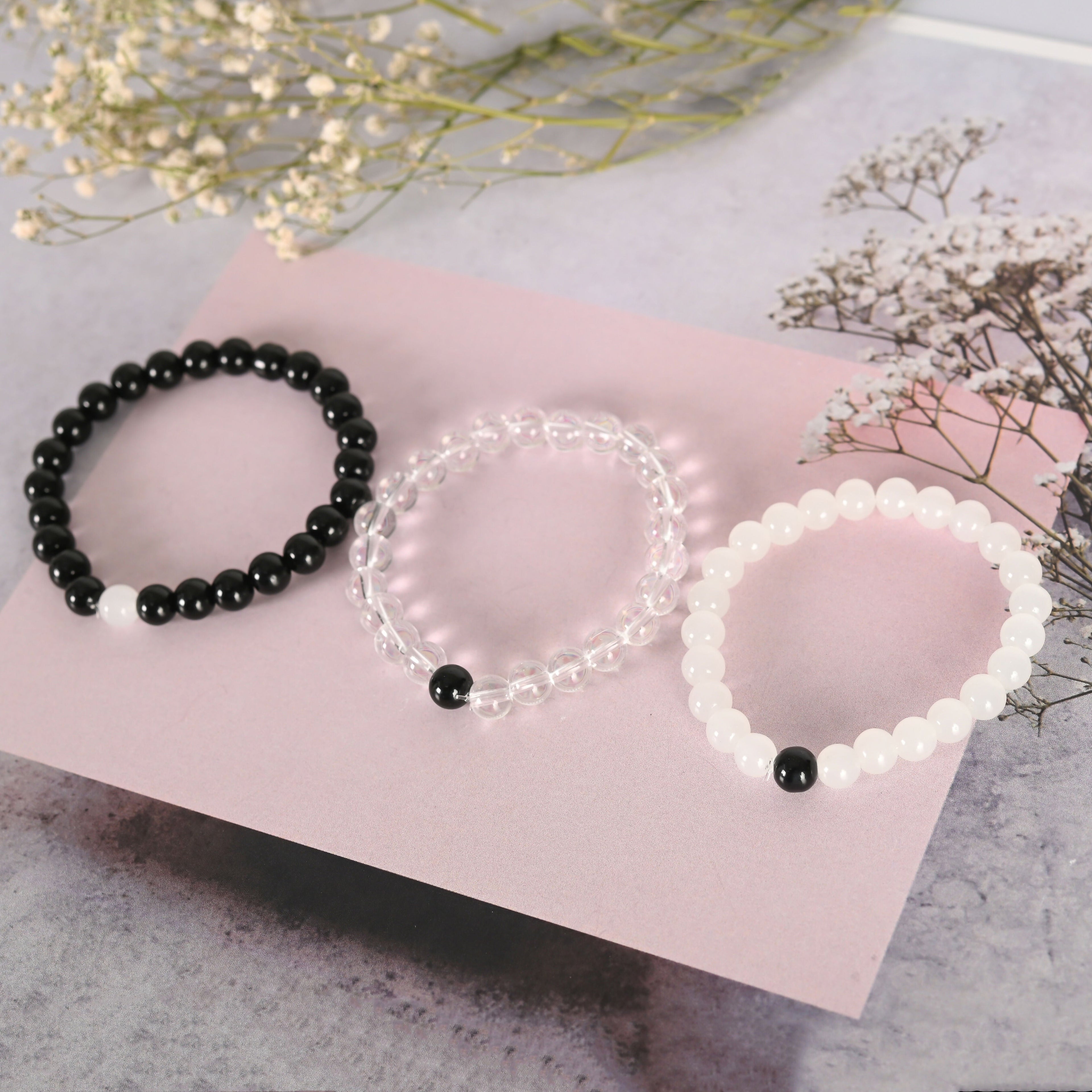 NVR Men & Women Transparent & White & Black Marbel Crystal Elasticated Bracelet | Grab2Buy