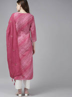 Yufta Women Pink Bandhani Yoke Design Pure Cotton Kurta with Palazzo and Dupatta | Grab2Buy