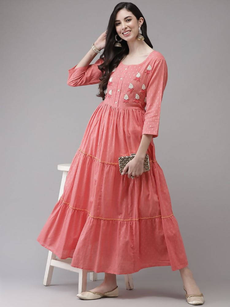 Yufta Coral Pink Embellished Embroidered Ethnic Dress | Grab2Buy