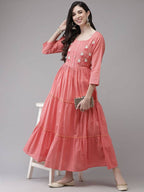 Yufta Coral Pink Embellished Embroidered Ethnic Dress | Grab2Buy