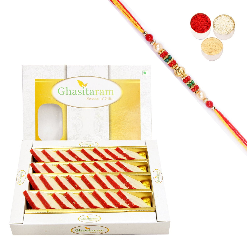 Ghasitaram Irish kaju Katli With Pearl Beads Rakhi | Grab2Buy