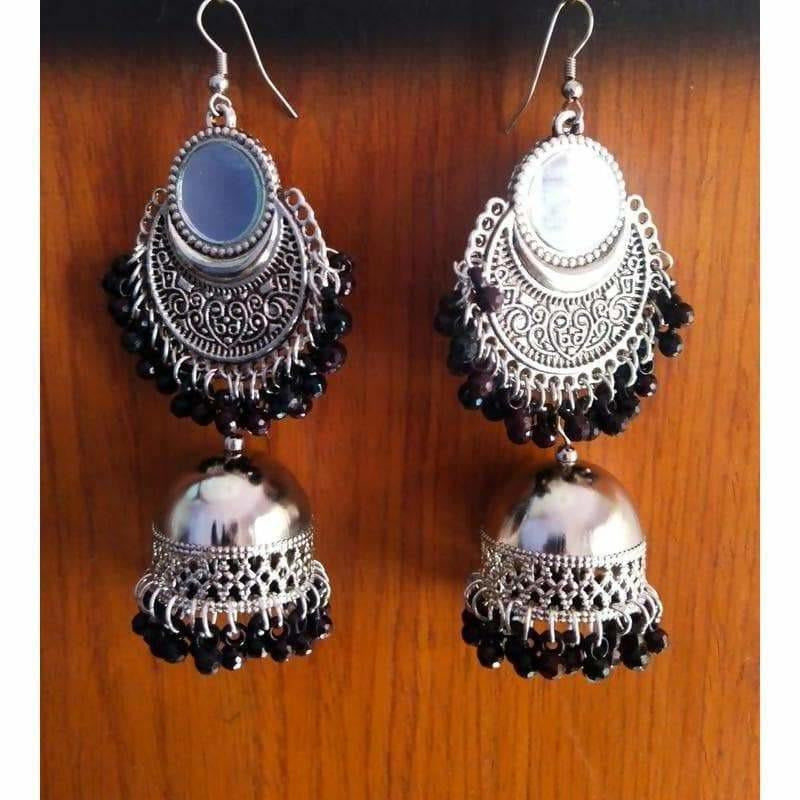 MS Fashion India Silver Oxidized Traditional Chandbali Earrings With Black Beads And Mirror Tassels | Grab2Buy