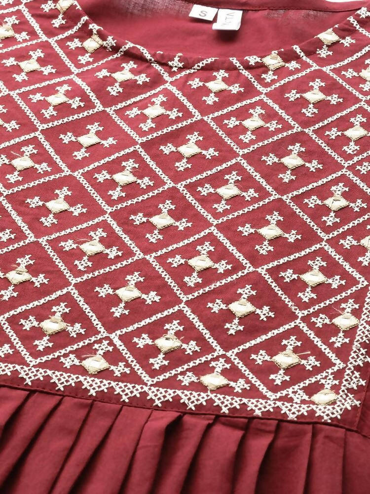 Yufta Women Rust Red & White Embroidered Mirror Work Yoke Design Cotton A-Line Dress | Grab2Buy