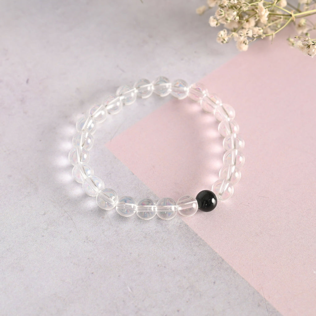 NVR Men & Women Transparent & White & Black Marbel Crystal Elasticated Bracelet | Grab2Buy