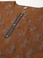 Yufta Women Mustard Brown Sequinned Pure Cotton Kurta with Trouser | Grab2Buy