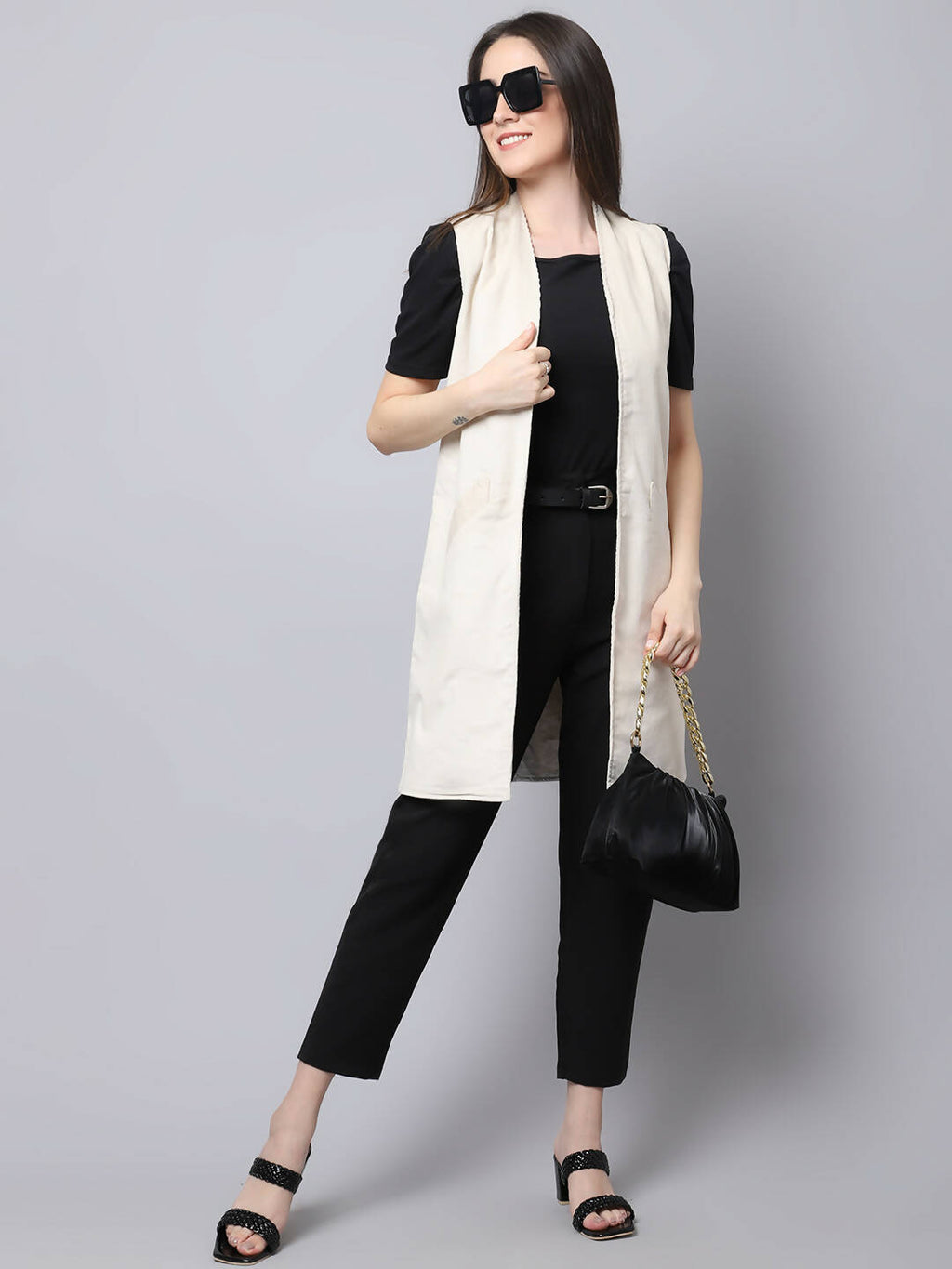 Even Apparels White Polywool Open Front Corduroy Women's Long Coat | Grab2Buy
