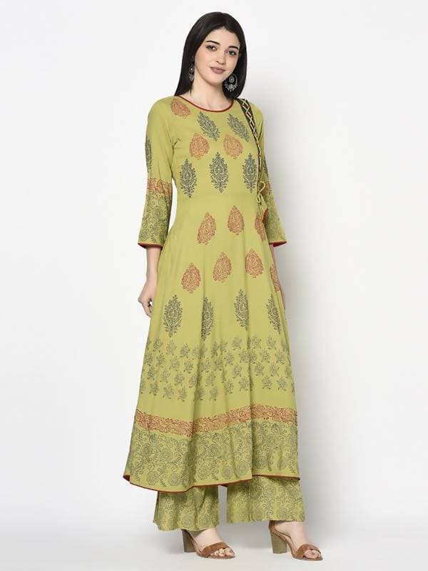 Aniyah Rayon Parrot Green Color Block Print Anarkali Palazzo Set (AN-194K) | Grab2Buy