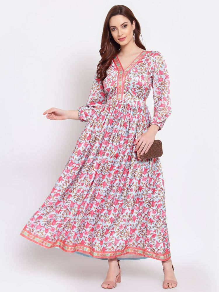 Myshka Women's Multi Printed Cotton Blend 3/4 Sleeve V Neck Casual Dress | Grab2Buy