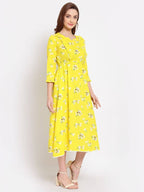 Myshka Women's Yellow Printed Cotton 3/4 Sleeve Round Neck Casual Dress | Grab2Buy