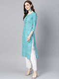 Yufta Women Blue & Off-White Leheriya Dyed Straight Kurta | Grab2Buy
