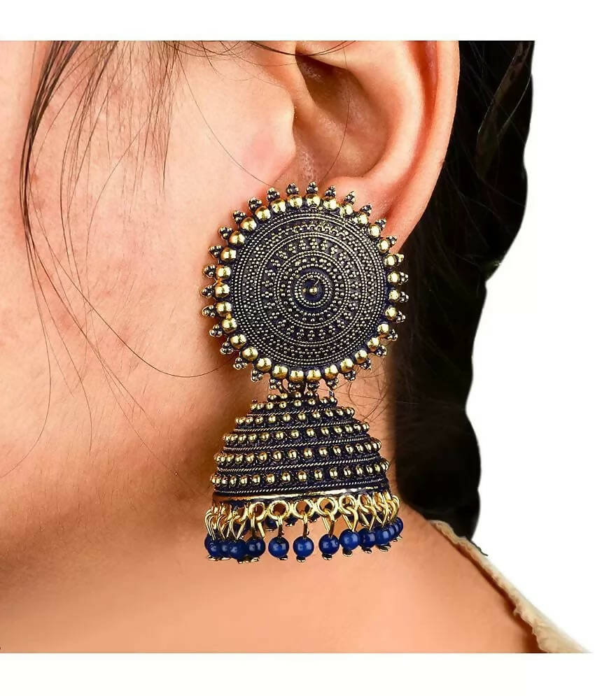 Mominos Fashion Joharkamal Gold-Polished Meenakari Jhumkas For Women & Girls (Blue) | Grab2Buy