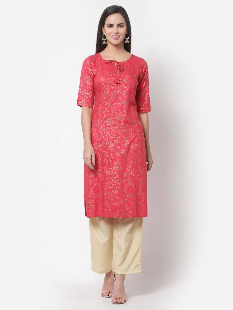 Myshka Women's Pink Rayon Printed Regular Sleeves Round Neck Casual Kurta | Grab2Buy