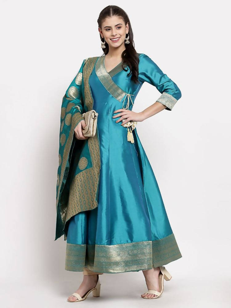 Myshka Women's Green Silk Solid 3/4 Sleeve V Neck Casual Anarkali Gown | Grab2Buy