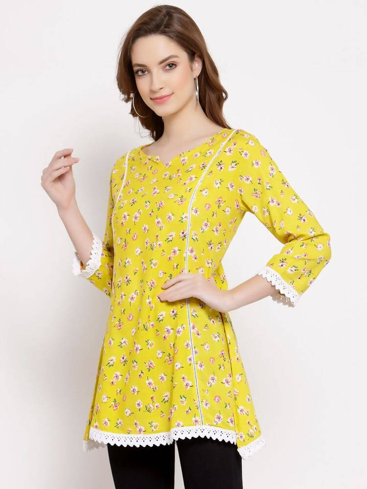 Myshka Women's Yellow Cotton 3/4 Sleeve Round Neck Printed Casual Tunic | Grab2Buy