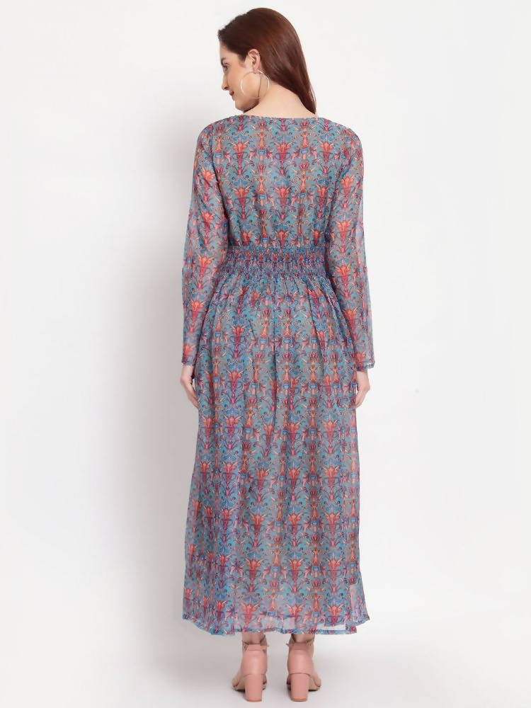 Myshka Women's Multi Printed Organza Full Sleeve Round Neck Casual Maxi Dress | Grab2Buy