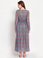 Myshka Women's Multi Printed Organza Full Sleeve Round Neck Casual Maxi Dress | Grab2Buy