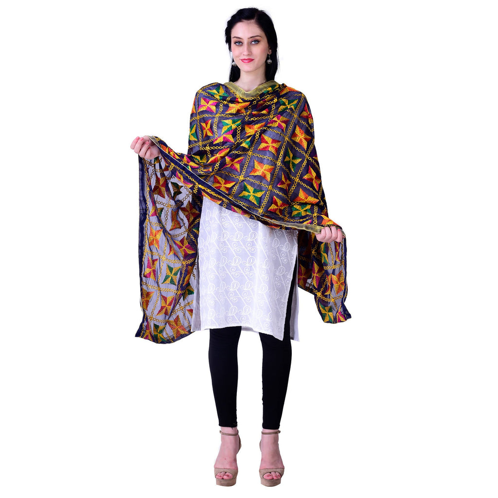 SWI Stylish Women's Embroidered Phulkari Chiffon Navy Blue Dupatta | Grab2Buy
