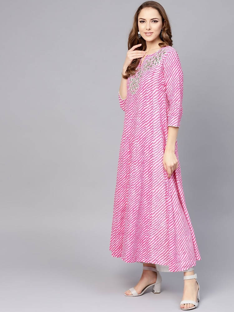 Yufta Women Pink & White Lehariya Print Anarkali Kurta | Grab2Buy