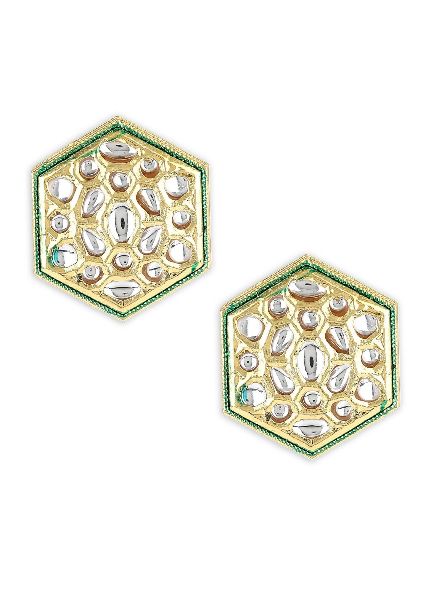 Gold-Toned White Kundan Contemporary Gold-Polished Studs Earrings - Ruby Raang | Grab2Buy