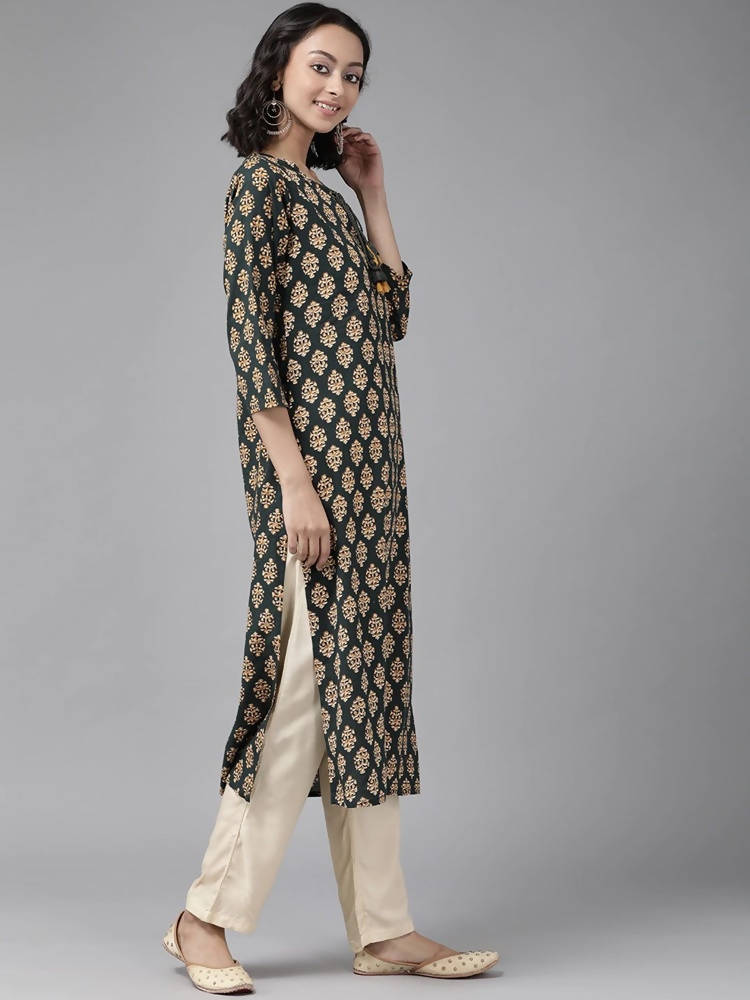 Yufta Women Teal Green & Mustard Yellow Ethnic Printed Pure Cotton Kurta with Palazzo | Grab2Buy