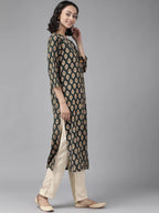 Yufta Women Teal Green & Mustard Yellow Ethnic Printed Pure Cotton Kurta with Palazzo | Grab2Buy