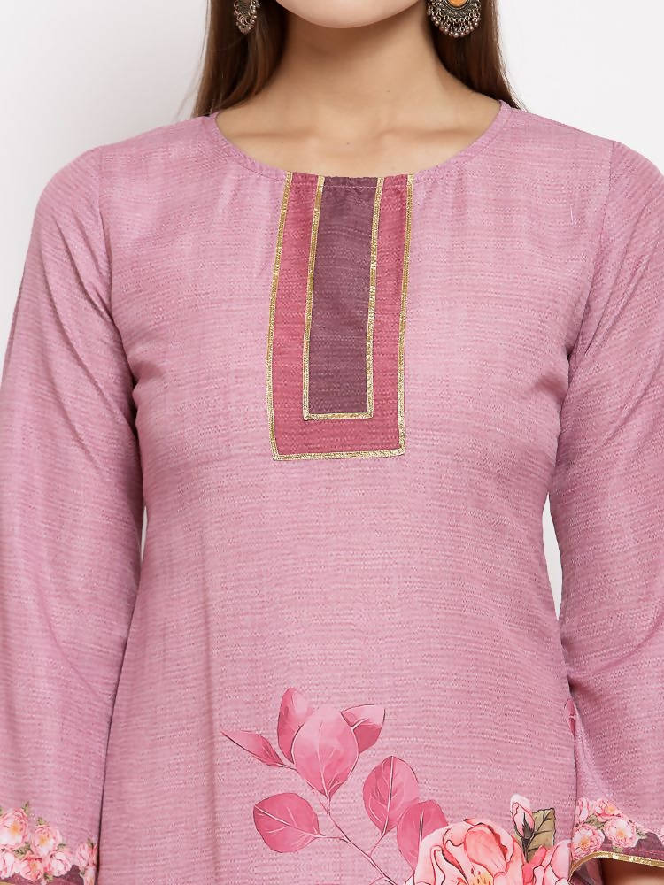 Myshka Women's Pink Cotton Printed Full Sleeve Round Neck Casual Kurta | Grab2Buy