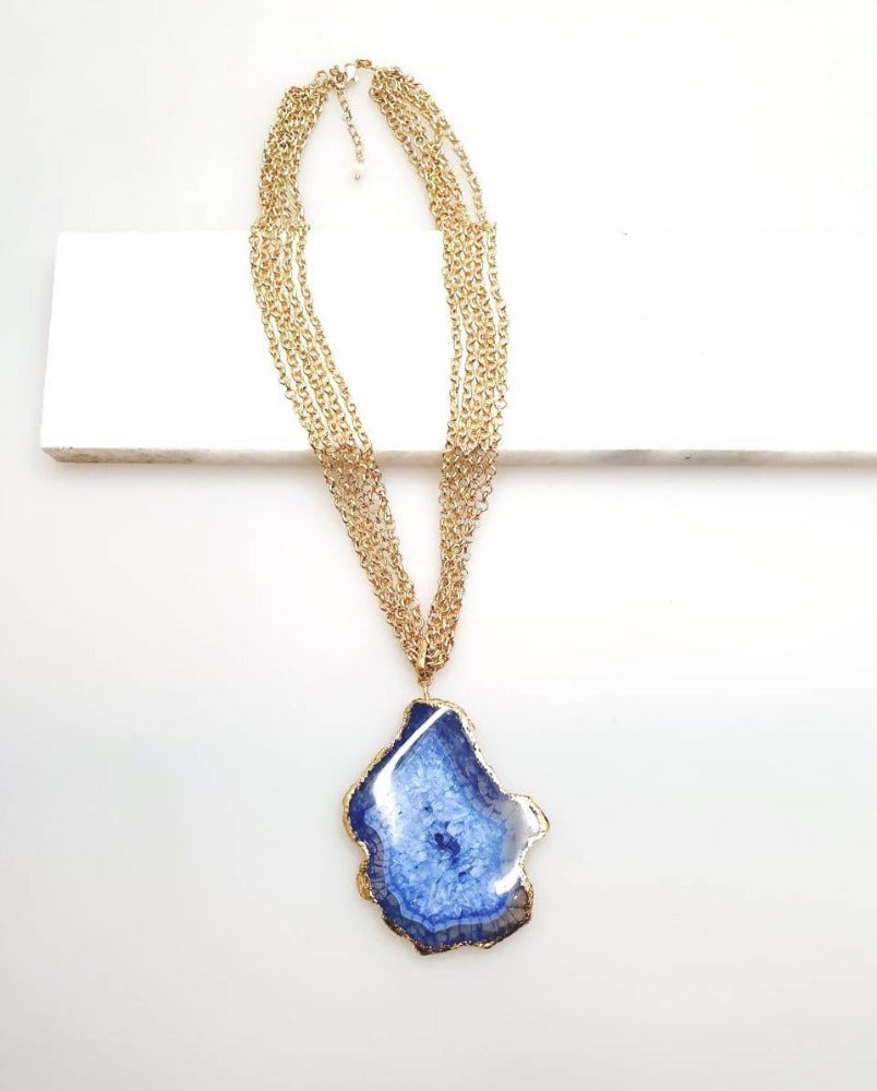 Bling Accessories Navy Agate Natural Stone Matt Gold Cluster Chain 5 Rows Necklace | Grab2Buy