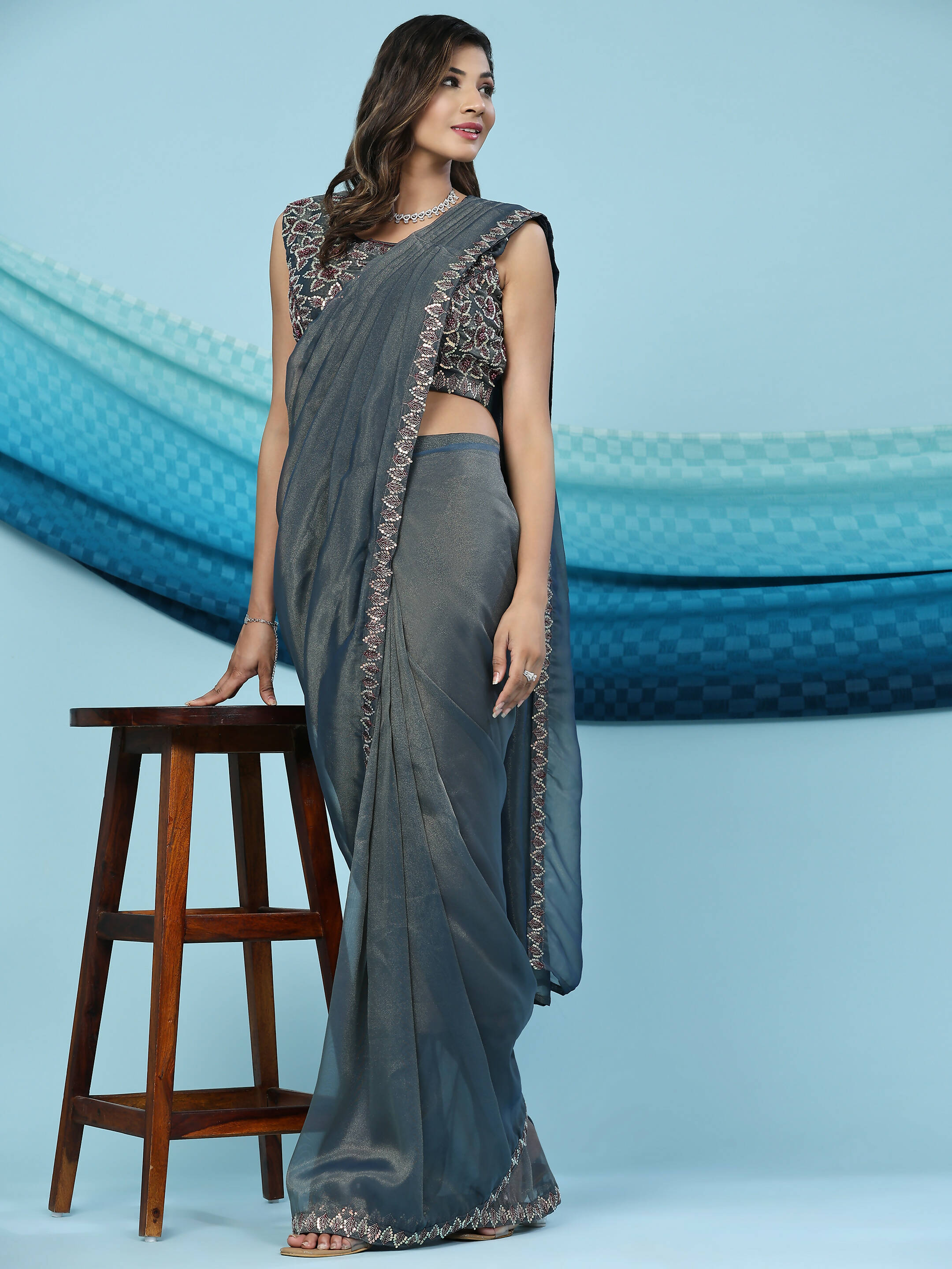 Teal Lycra Shimmer Pattern Ready to Wear Saree with stitched Blouse - Nirvana | Grab2Buy