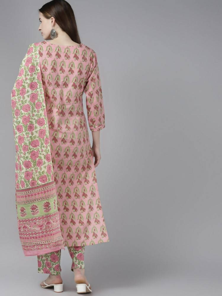 Yufta Women Pink Floral Print Aari Work Pure Cotton Kurta with Palazzo and Dupatta | Grab2Buy