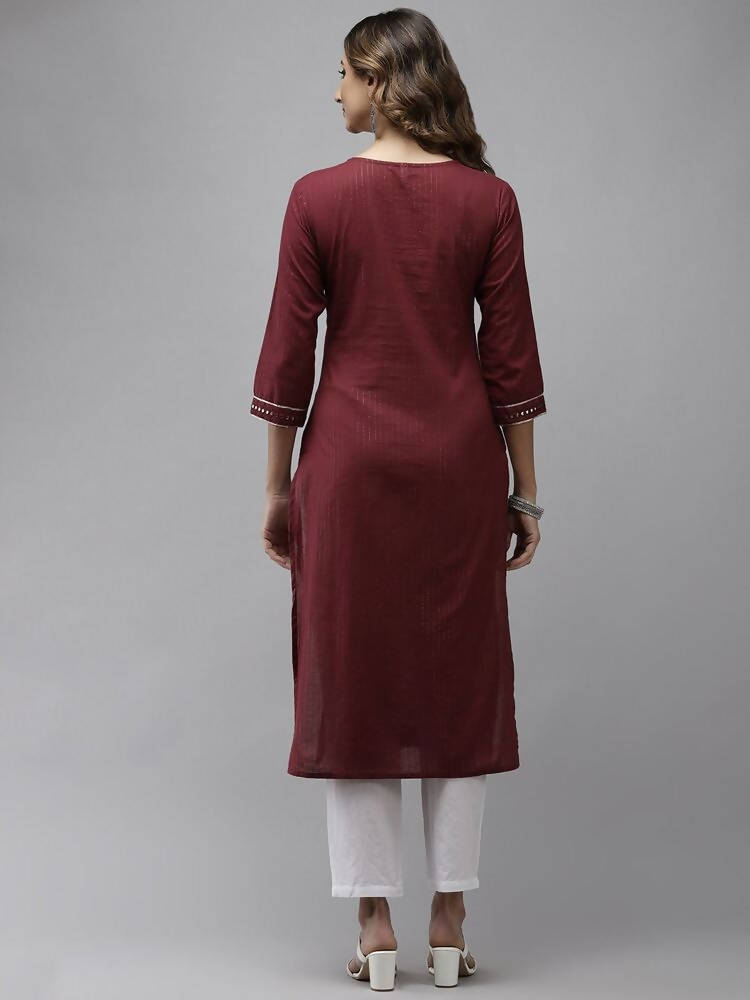 Yufta Women Maroon Yoke Design Mirror Work Cotton Kurta | Grab2Buy