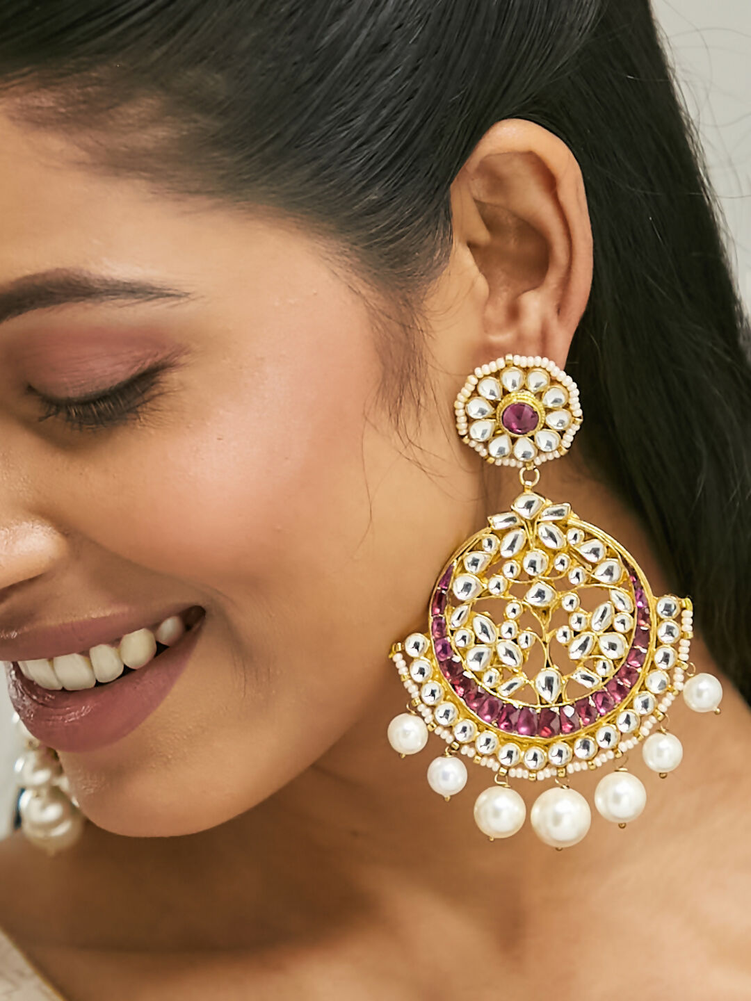 Nuyug 22K Gold-Plated Elegant Ruby & Kundan Stone Studded With Pearl Beaded Floral Chandbalis | Grab2Buy