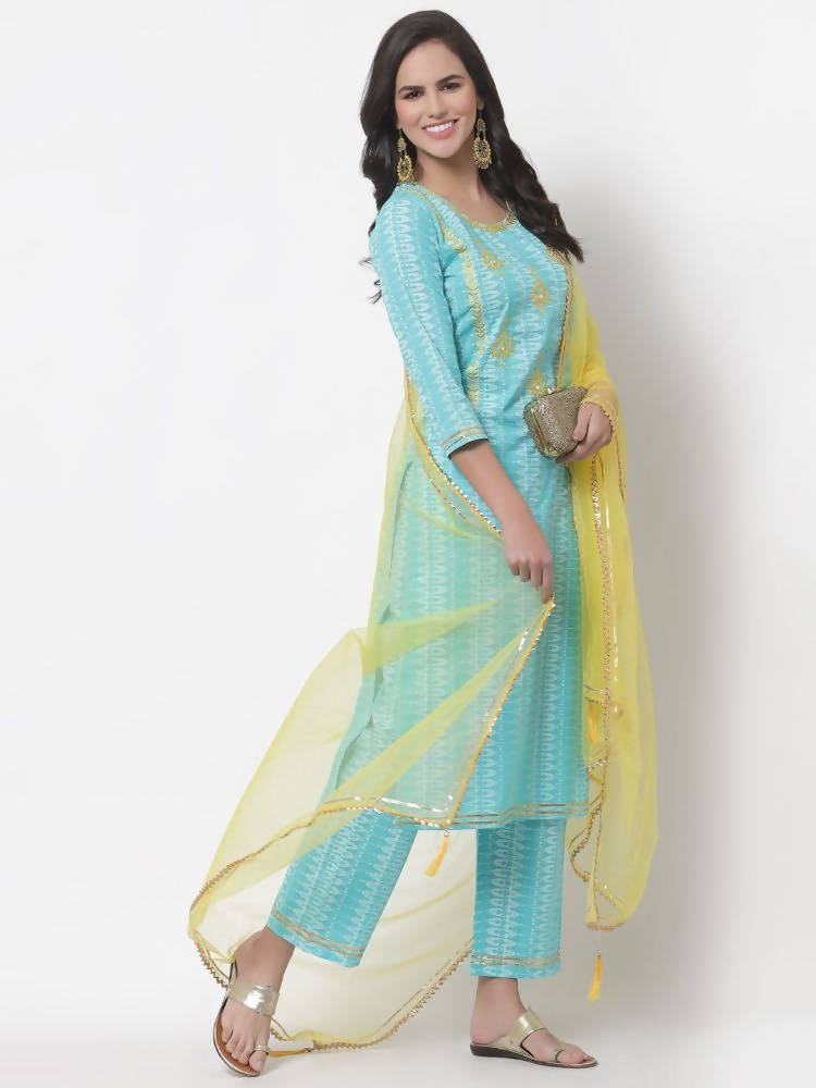Myshka Women's Cotton Printed 3/4 Sleeve Round Neck Casual Kurta Pant Dupatta Set | Grab2Buy