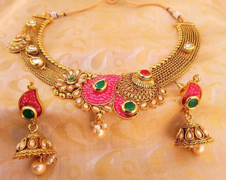 Multicolor Antique Pink And Green Necklace Set | Grab2Buy