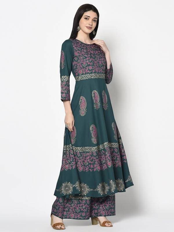 Aniyah Rayon Teal Blue Color Block Print Anarkali Palazzo Set (AN-220K) | Grab2Buy
