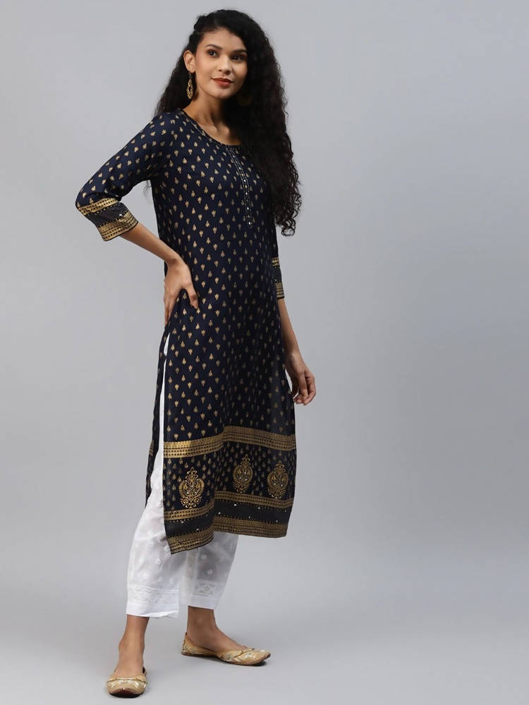 Yufta Women Navy Blue Golden Print Kurta | Grab2Buy