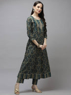 Yufta Women Green Printed Gotta Patti Pure Cotton Kurta with Trouser and Dupatta | Grab2Buy